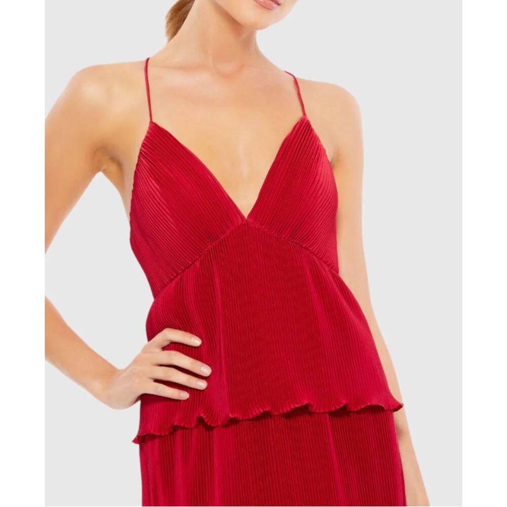 NWT Mac Duggal Red Spaghetti Strap Ruffle Layered Maxi Dress, Sz 4 - Picture 2 of 10